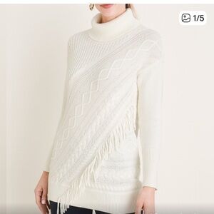 Chico's Cream Turtleneck Sweater with Fringe